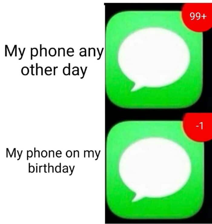 A birthday meme showing two phone message icons. The top icon has "99+" notifications with the caption, "My phone any other day." The bottom icon has "-1" notifications with the caption, "My phone on my birthday." Perfect for sharing a humorous take on birthday messages and social interactions.