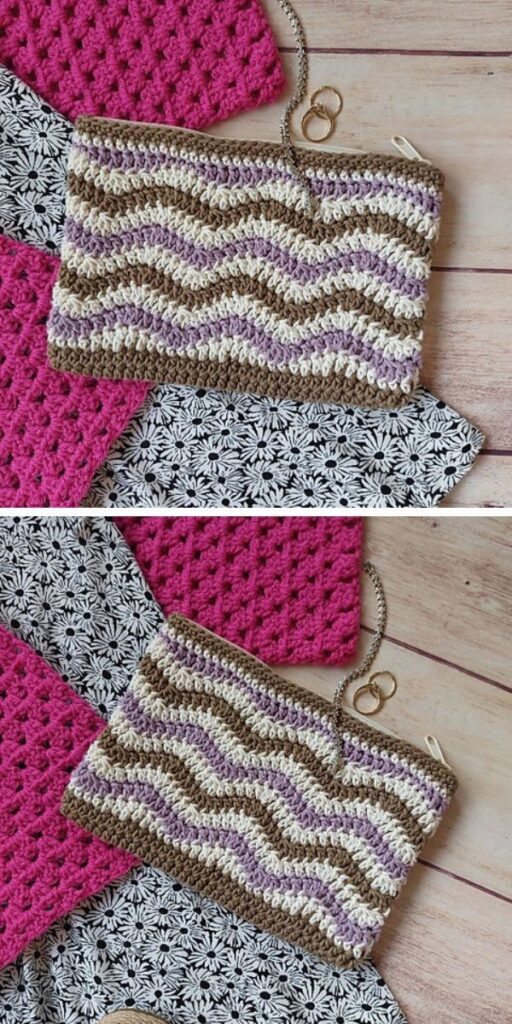 a crochet pouch featuring a zig-zag pattern and a zipper ladi on a wooden floor and pieces of fabric