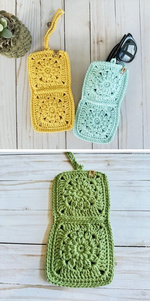 crocheted sunglasses pouches made of granny squares with a flower motif each in a different color