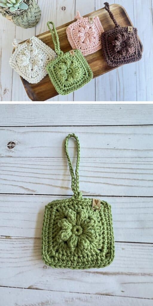  crocheted airpod holders made of granny squares featuring a flower design in differernt colors