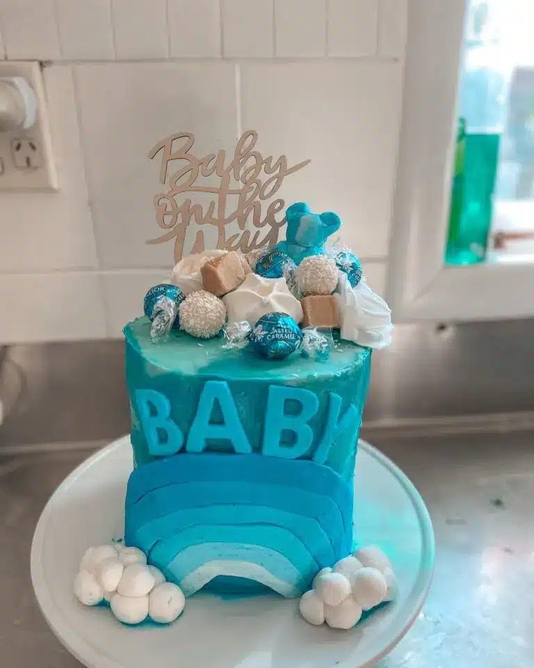 Baby on the Way Blue Rainbow Cake