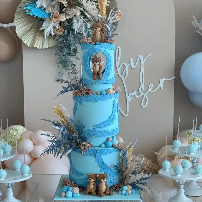 Blue Floral Teddy Bear Cake