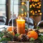 Festive Christmas table centerpieces decor with candles, greenery, and holiday ornaments.