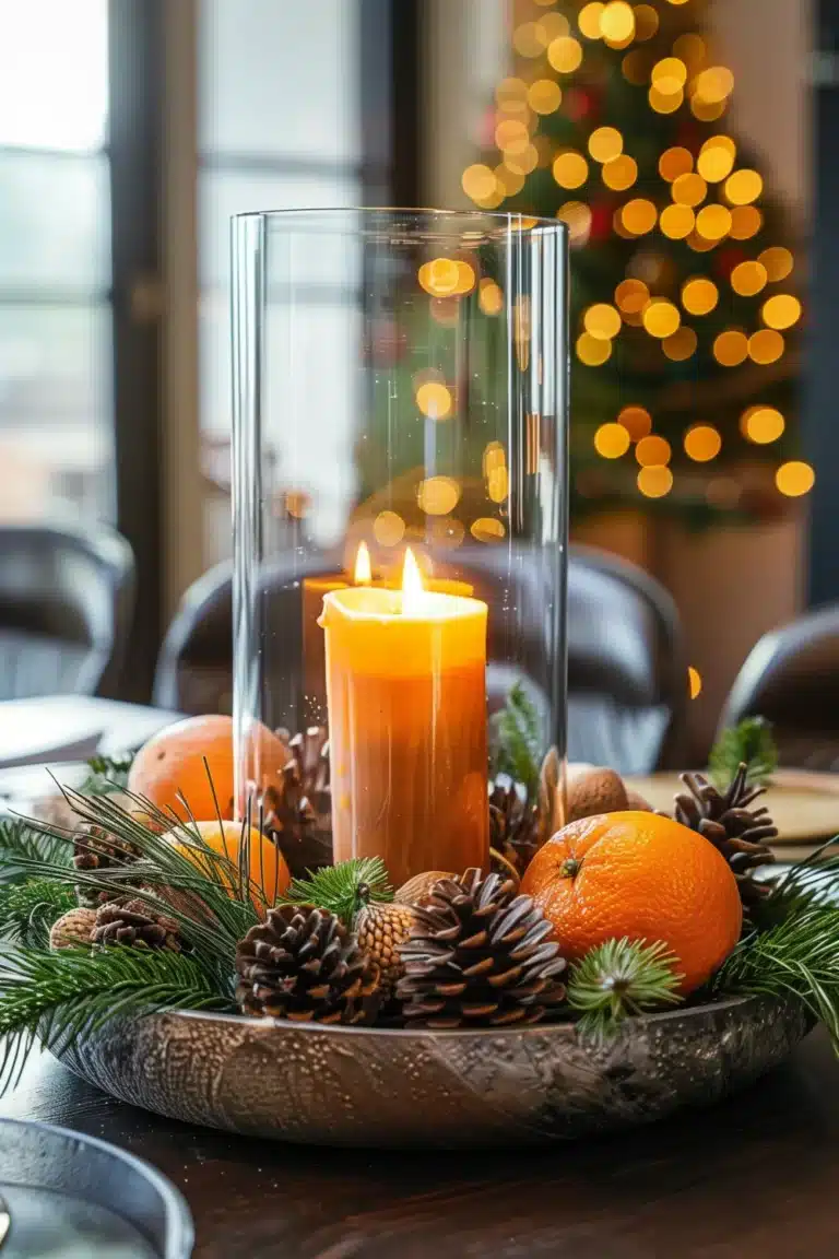 Festive Christmas table centerpieces decor with candles, greenery, and holiday ornaments.