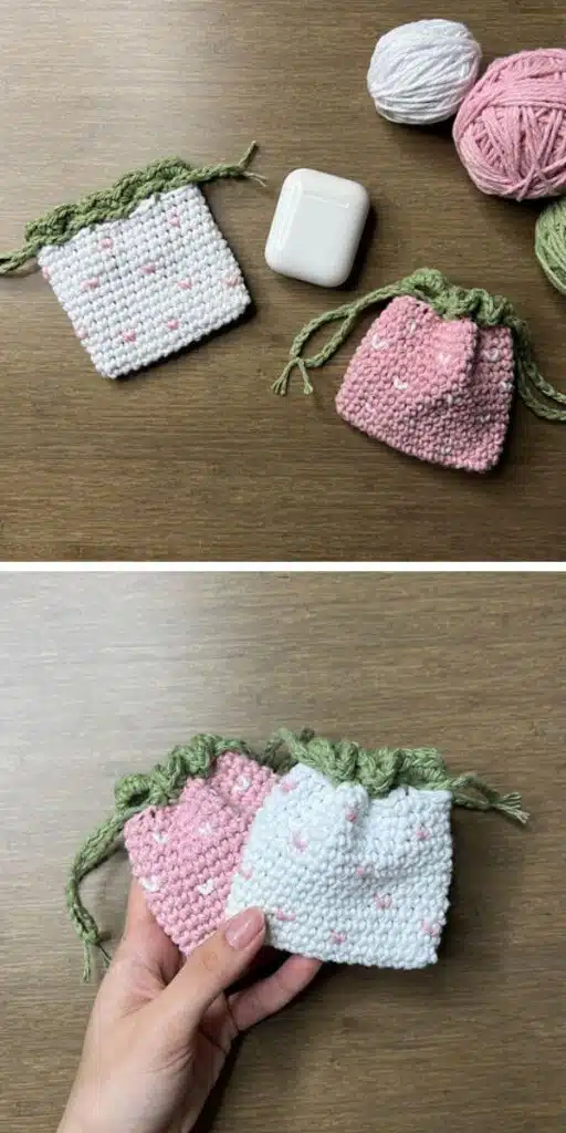 two small crochet drawstring pouches in white and in pink