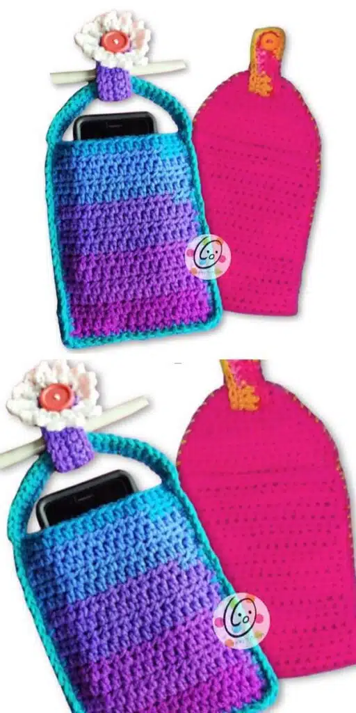 two crochet phone pouches in blue and pink