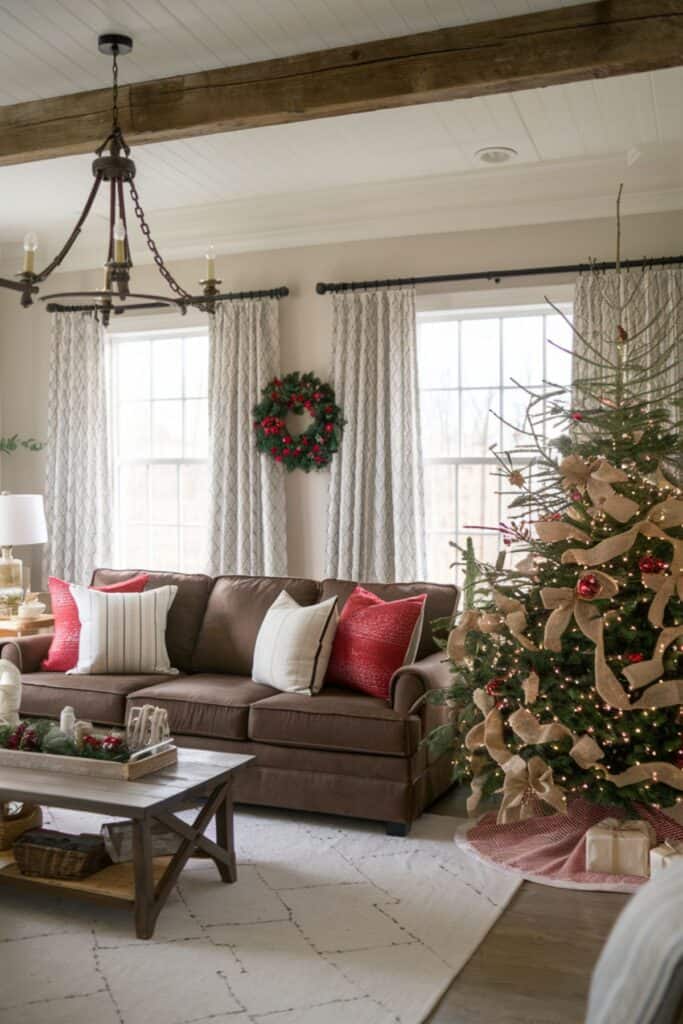 The living room of a farmhouse Christmas house has a brown couch and a rough tree.