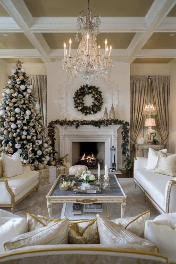 Beautiful gold and white Christmas living room