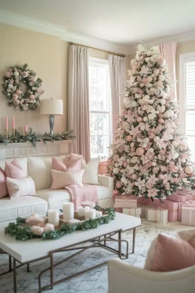 A living room for Christmas that is pink and white with soft touches