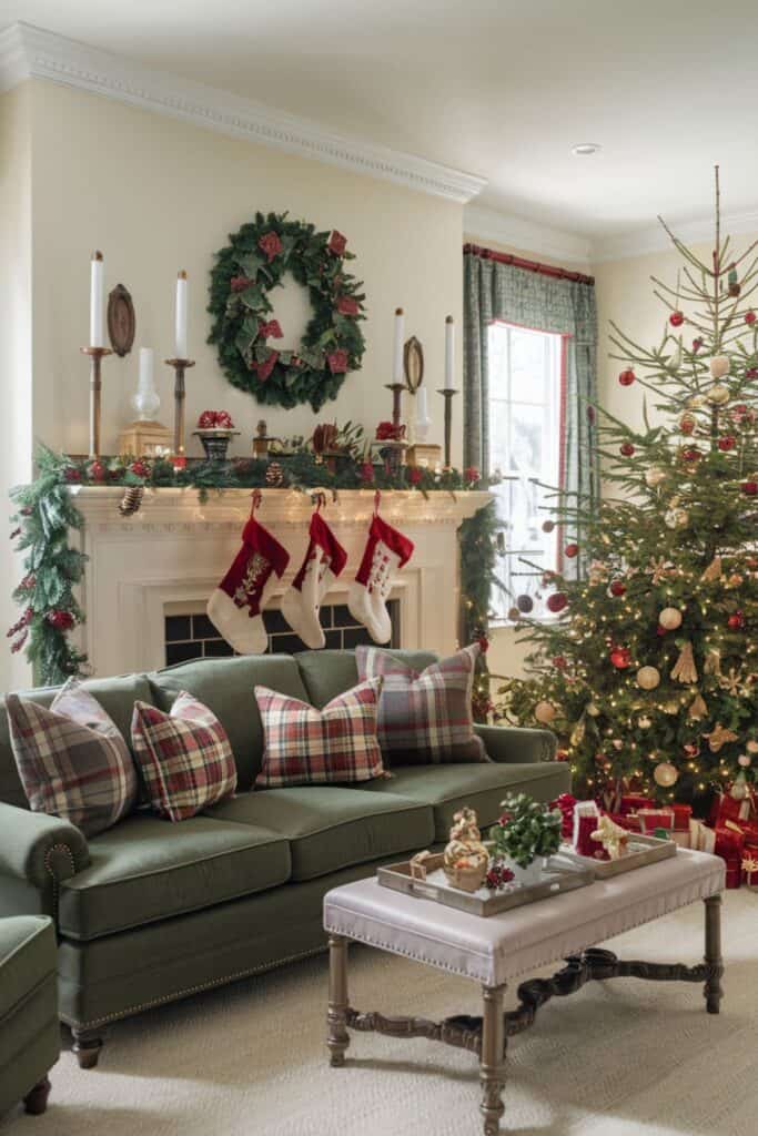 Living room for Christmas with a green couch and plaid pillows