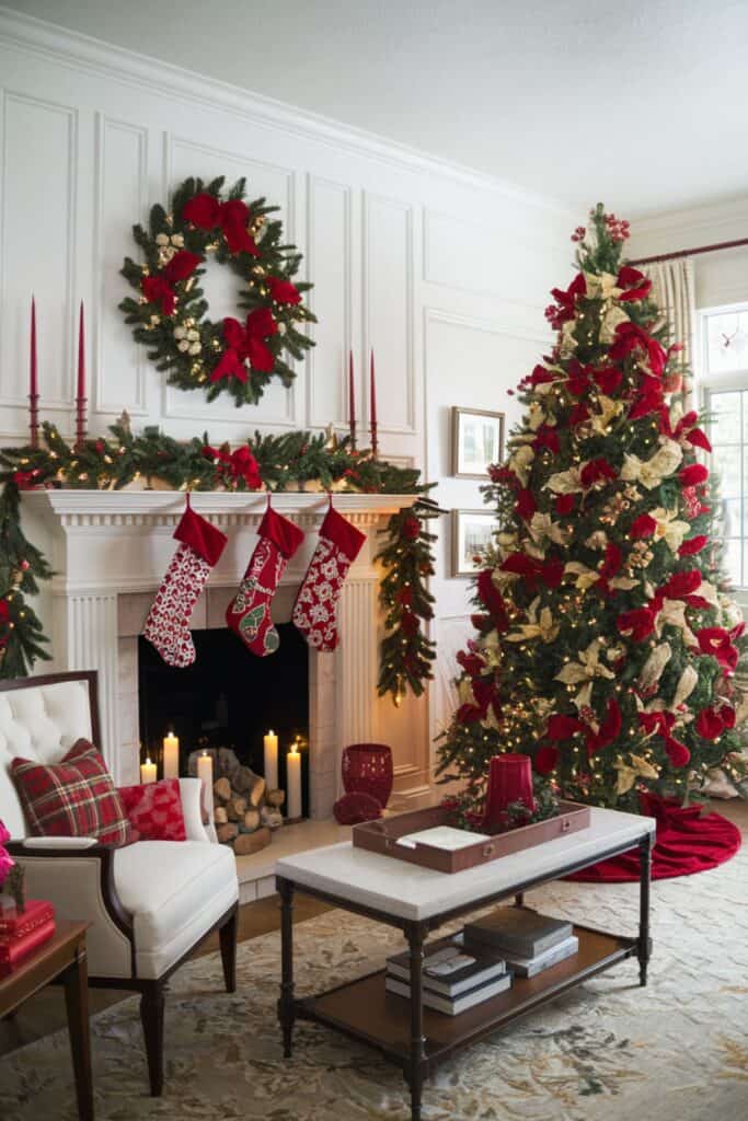 A pretty Christmas living room with a red and gold tree