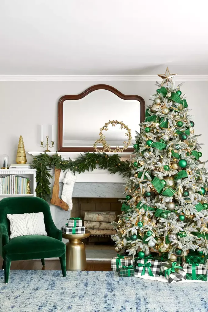 green christmas tree décor velvet chair garland