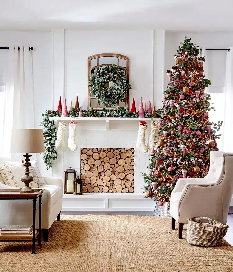 Living room decorated for Christmas with tree and wood