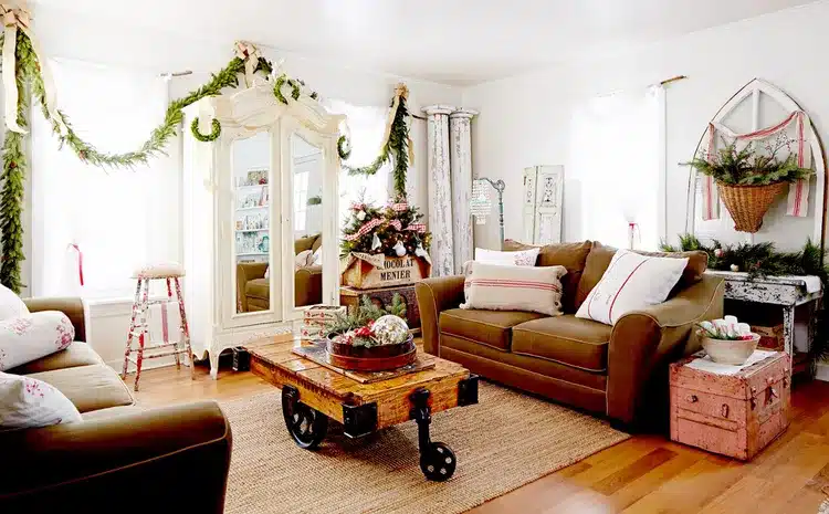 Living room with two couches and garland