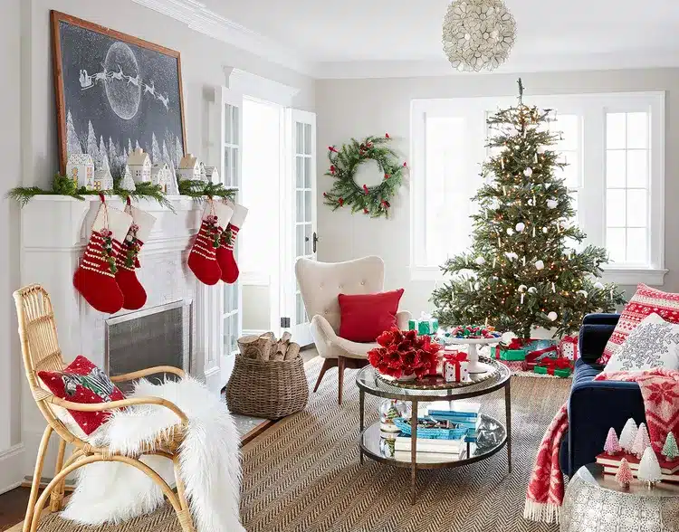 eclectic, vintage living room with chalkboard art above mantel