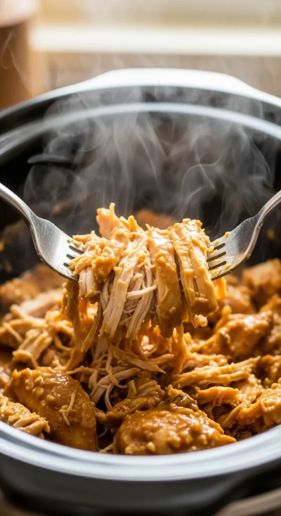 Shredding slow cooker Thai peanut chicken with two forks inside a crockpot, coated in creamy peanut sauce and steaming hot