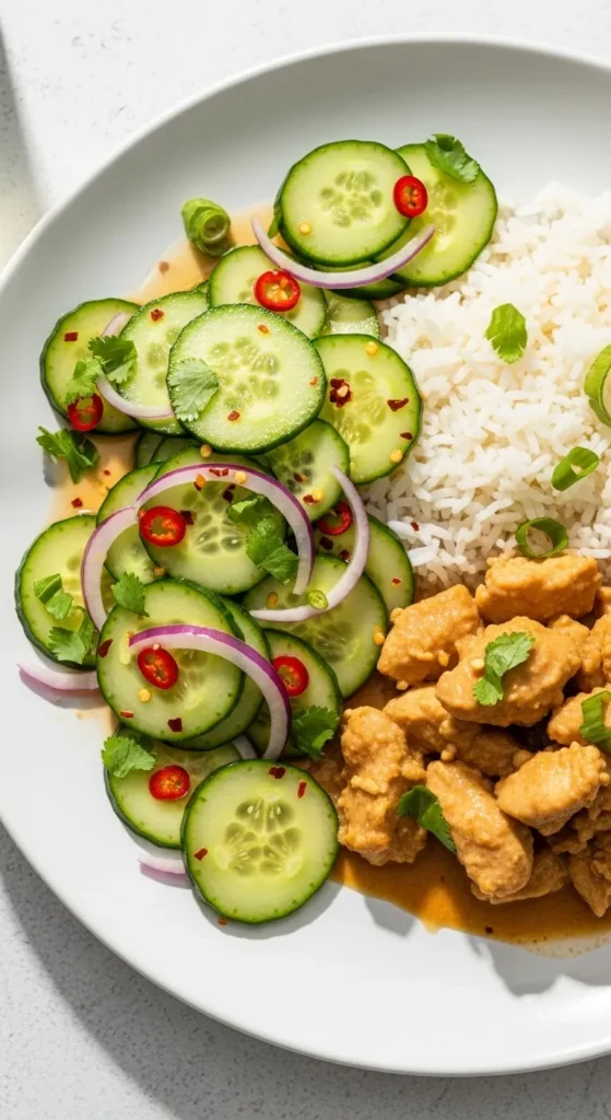 Plate of Thai peanut chicken with jasmine rice and fresh cucumber salad, tossed in light vinegar dressing with chili flakes