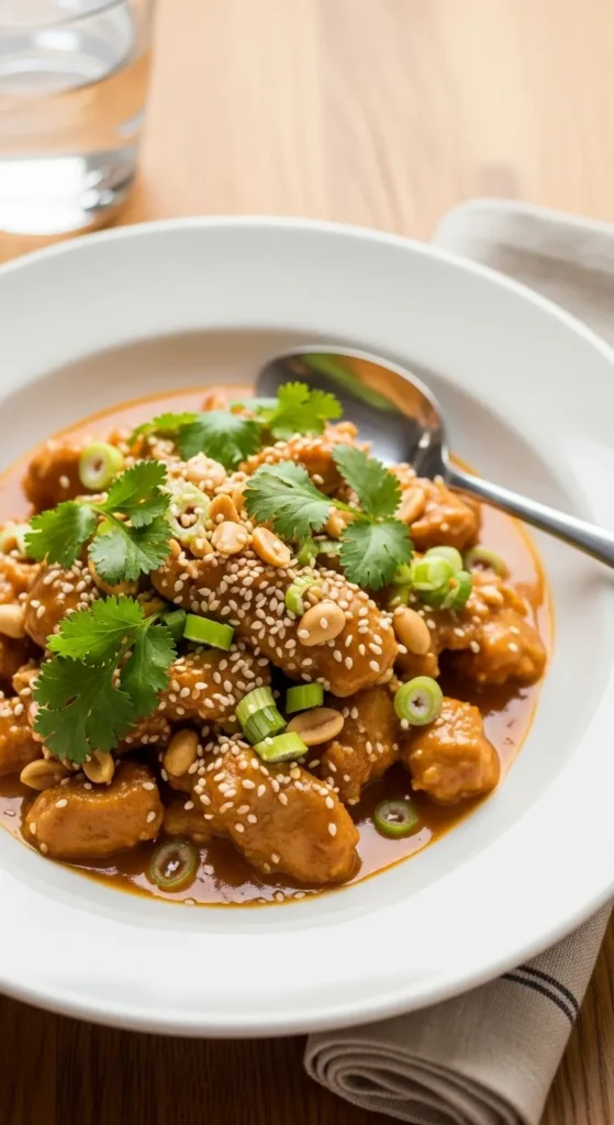 Thai peanut chicken served in a bowl topped with crushed peanuts, cilantro, green onions, and sesame seeds, ready to eat