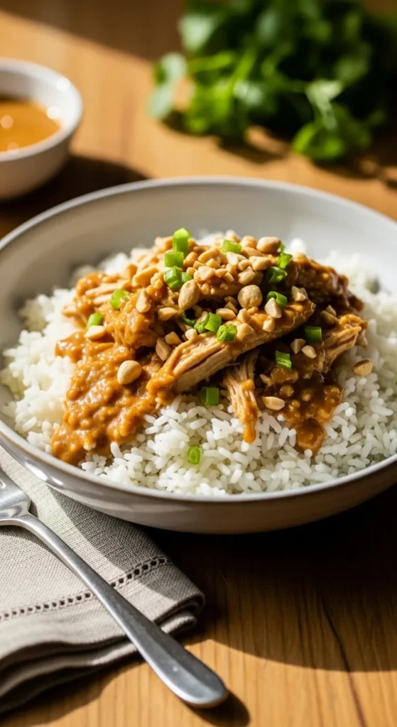 Slow cooker Thai peanut chicken served over jasmine rice, garnished with crushed peanuts and green onions in a ceramic bowl