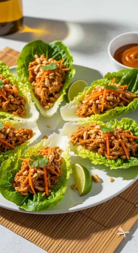 Thai peanut chicken lettuce wraps topped with shredded carrots and peanuts, served on a white platter with lime wedges