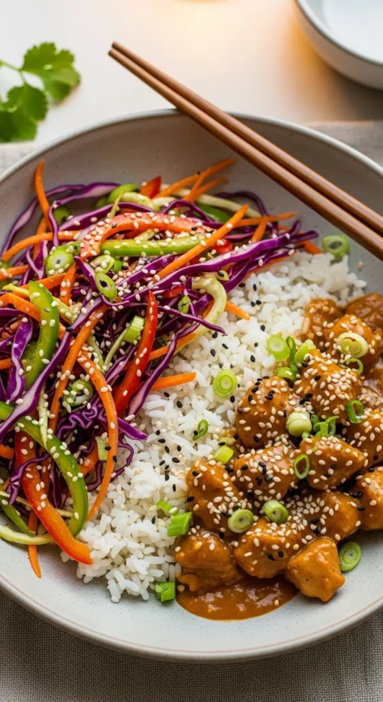 Colorful Asian slaw with Thai peanut chicken and rice in a bowl, garnished with sesame seeds and scallions