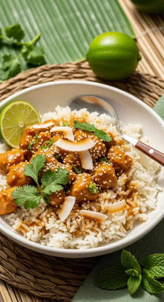Thai peanut chicken served over creamy coconut rice, garnished with toasted coconut, cilantro, and lime
