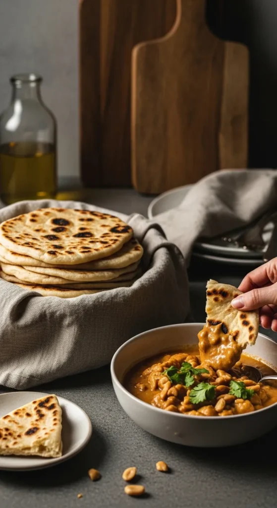 Warm roti flatbreads served with Thai peanut chicken, with one piece dipped in creamy peanut sauce