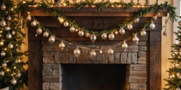 Rustic farmhouse Christmas decor featuring natural wood and festive accents.