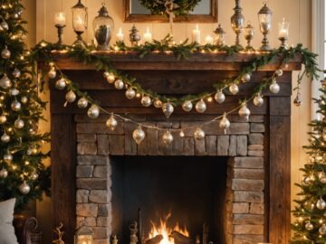 Rustic farmhouse Christmas decor featuring natural wood and festive accents.
