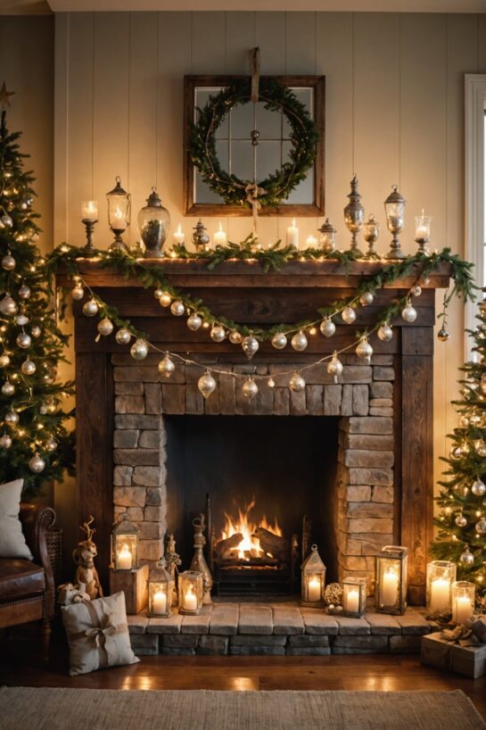 Rustic farmhouse Christmas decor featuring natural wood and festive accents.