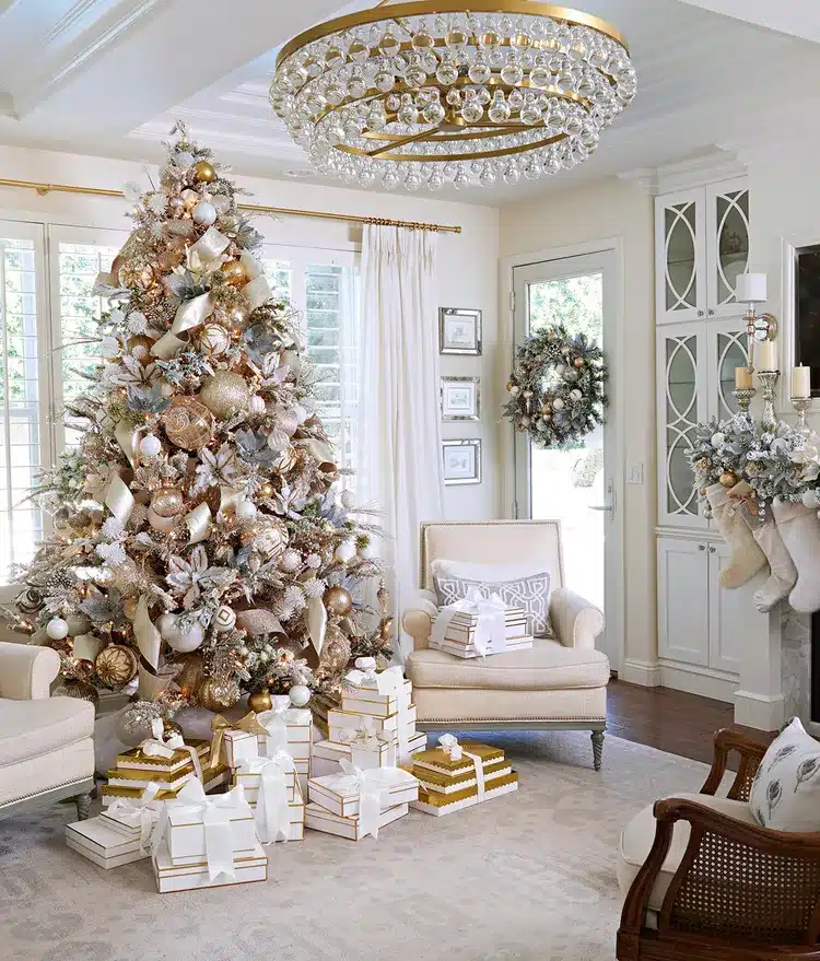 white gold livingroom holiday decor