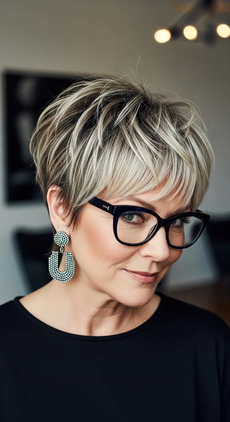 Bold woman over 50 with a choppy pixie cut and textured fringe, styled with definition and confidence for a modern, edgy vibe