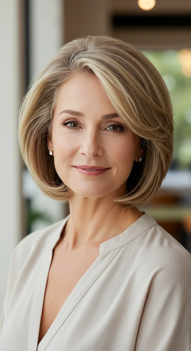 Graceful woman over 50 with a classic shoulder-length blowout, featuring softly curled tips and a smooth, voluminous finish for an elegant everyday look