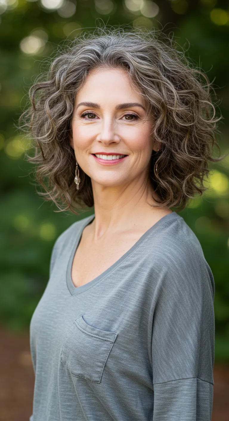 Woman over 50 with a curly shag haircut and soft layers, showcasing natural texture and volume with a relaxed, carefree vibe