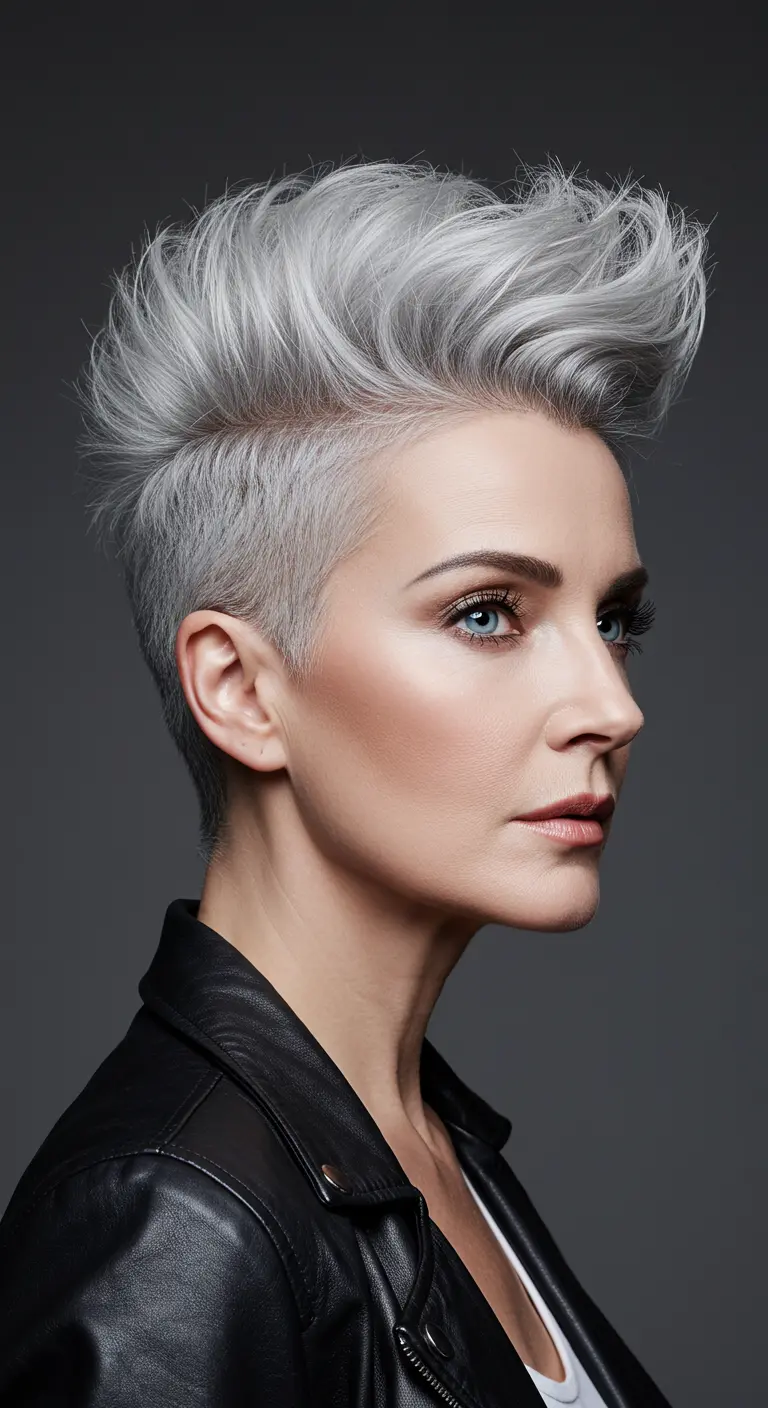 Stylish woman over 50 with a bold silver pompadour hairstyle, featuring textured volume on top and short faded sides for a confident, edgy look