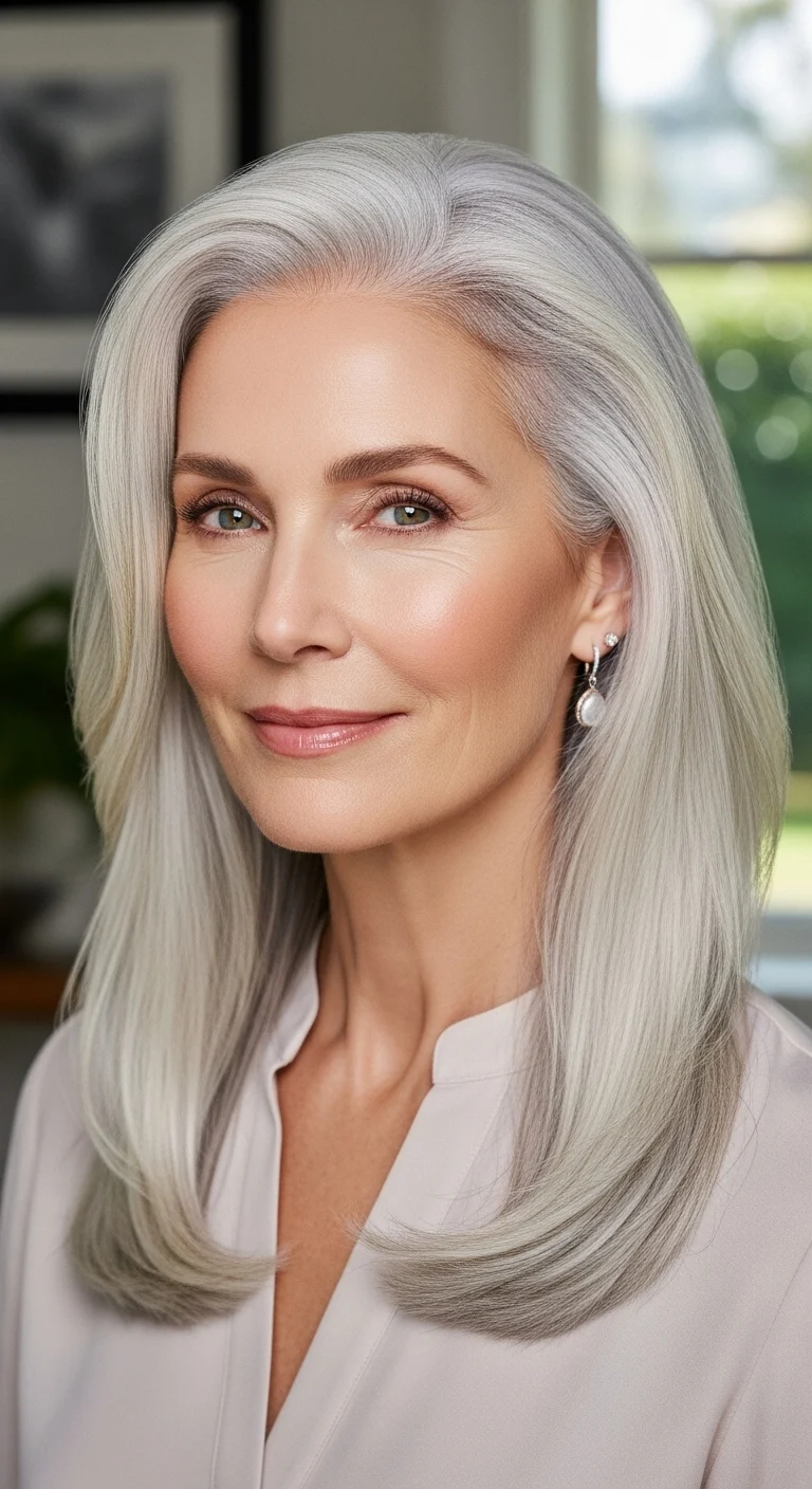 Stylish woman over 50 with long sleek silver hair, straightened and polished with natural shine, showing confidence and graceful aging