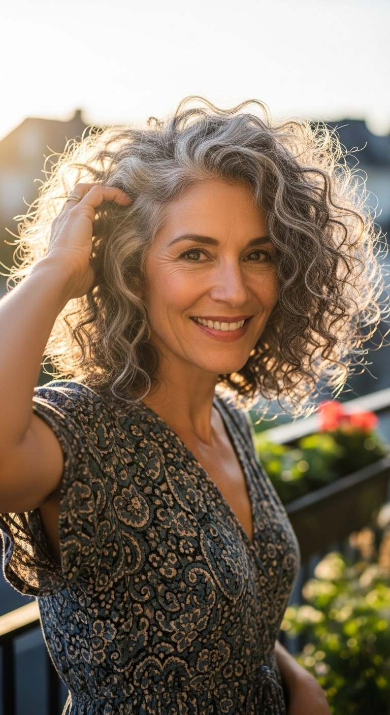 Confident older woman with natural curly hair and silver highlights, smiling softly as her voluminous curls frame her face — a fresh and radiant hairstyle for 2025.