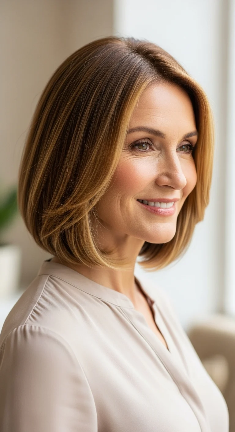 Real woman over 50 with a smooth classic bob and soft caramel highlights, smiling gently in natural light, showing graceful aging and healthy, stylish hair