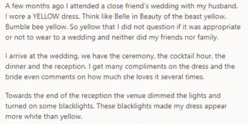 AITA for refusing to leave a wedding because I wore a dress that looks white under a black light?