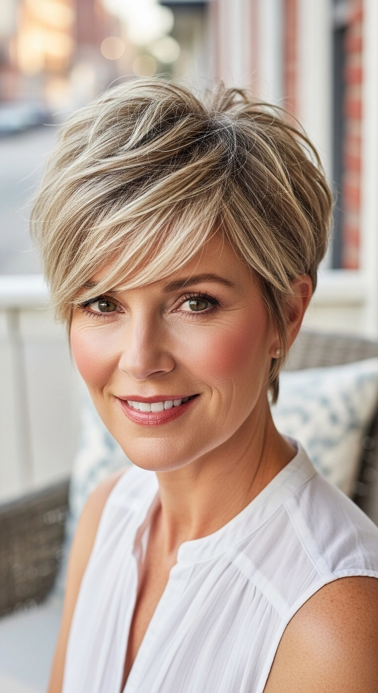 Stylish older woman with a short textured pixie cut and side-swept bangs, showing a low-maintenance yet feminine haircut perfect for mature women in 2025.