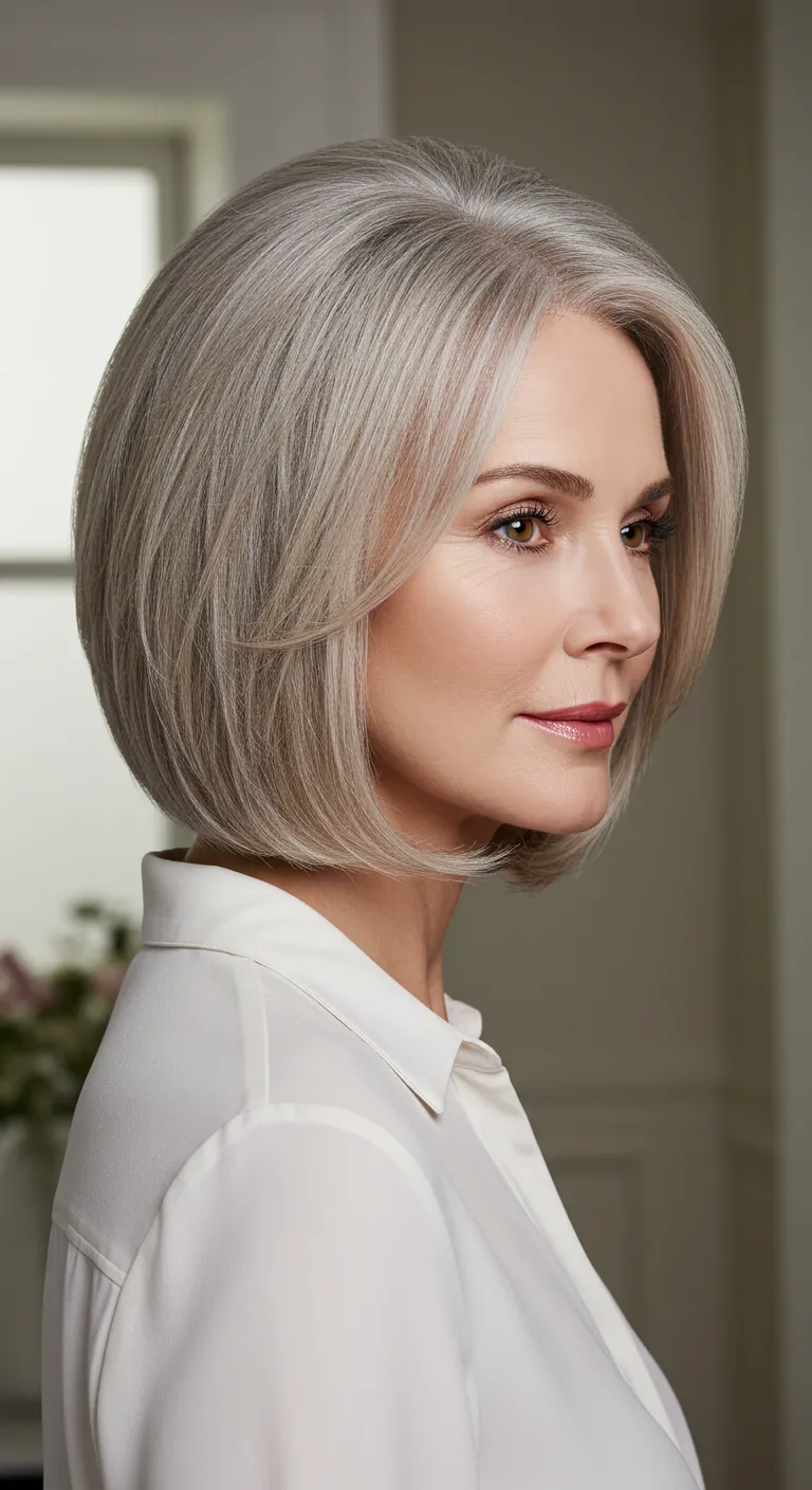 Elegant woman over 50 with a sleek layered bob, styled with soft volume and smooth lines for a timeless, polished look