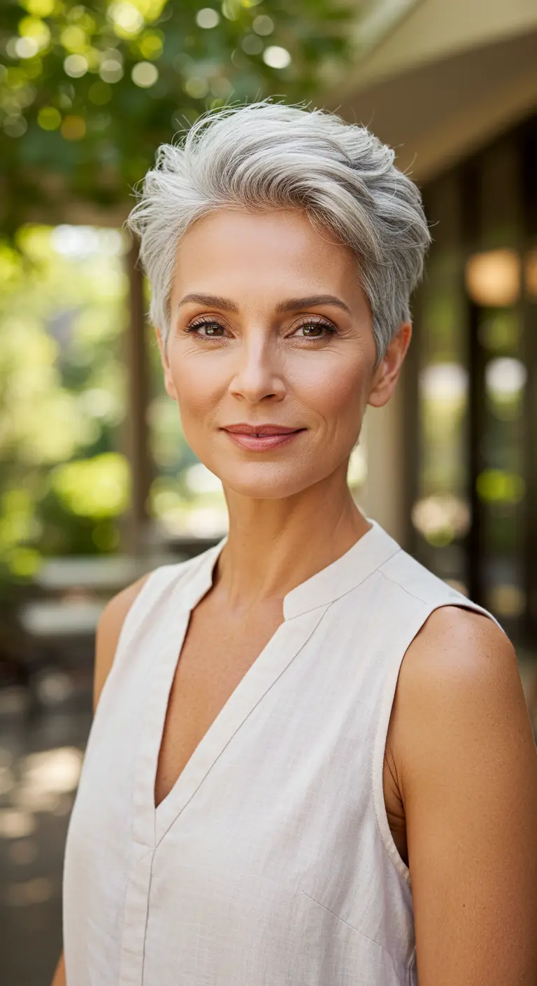 Confident woman over 50 with a sleek silver pompadour hairstyle, wearing a light summer blouse outdoors, showing off a bold, voluminous short haircut perfect for warm weather.