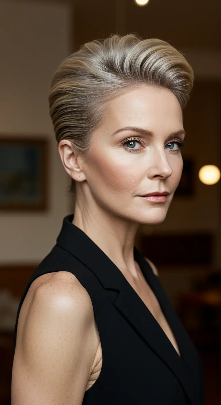 Confident older woman with a slicked-back pompadour hairstyle and glossy finish, wearing a modern outfit — a powerful and polished haircut for mature women in 2025.