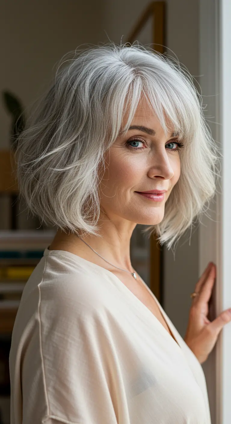 Elegant woman over 50 with a soft side-swept bob and gray hair, styled in loose waves with a side part — a timeless, flattering hairstyle for mature women in 2025.

