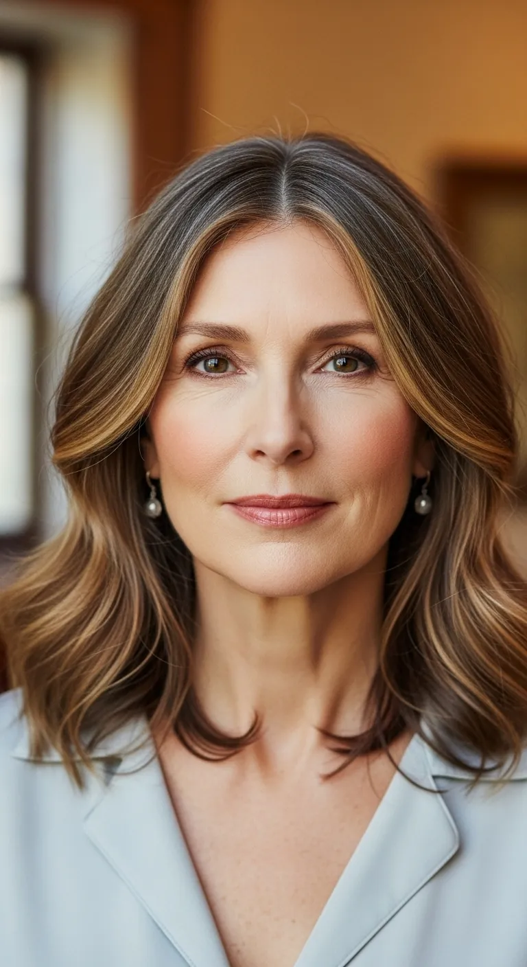 Mature woman over 50 with soft waves and a middle part, styled for volume and balance, showing an effortlessly modern look