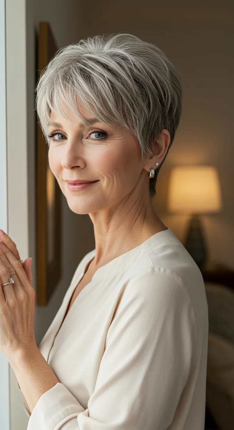 Real woman over 50 with a textured pixie haircut and soft side-swept bangs, styled for volume and movement, showing an easy, modern, and flattering look
