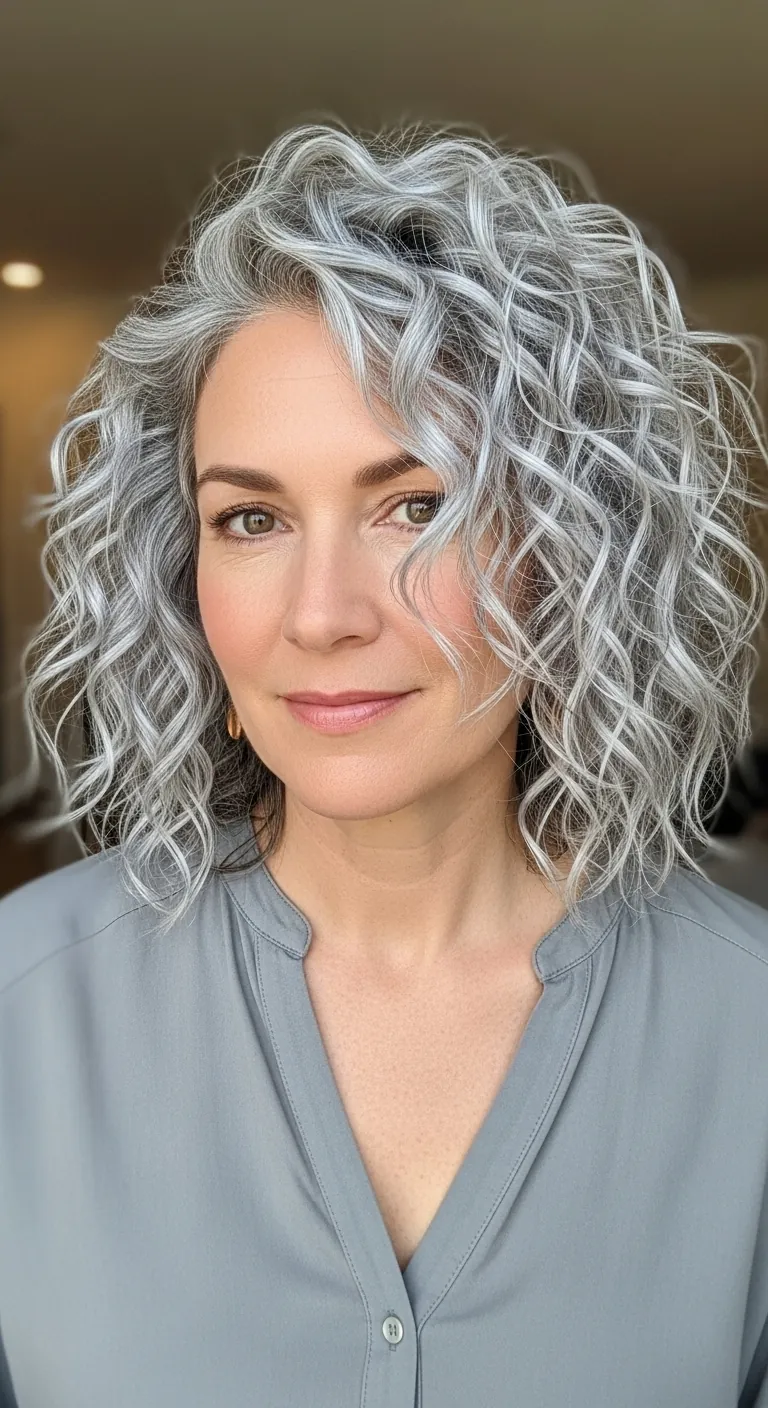 Woman over 50 with voluminous curls and gray ombre, showing depth, movement, and natural texture for a bold, lively look


