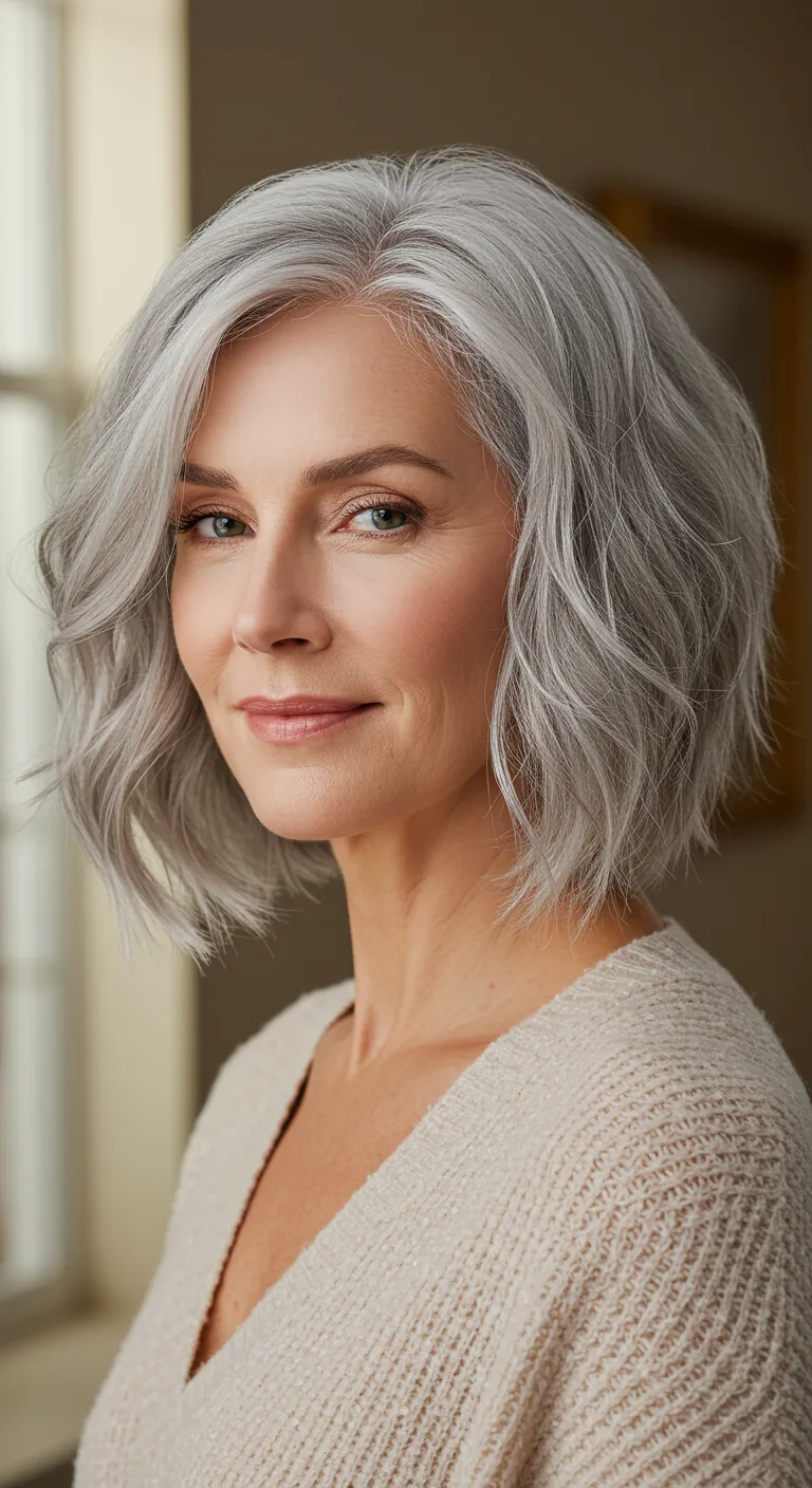 Real woman over 50 with a soft wavy bob hairstyle and silver highlights, showing volume and natural shine for a stylish and youthful look