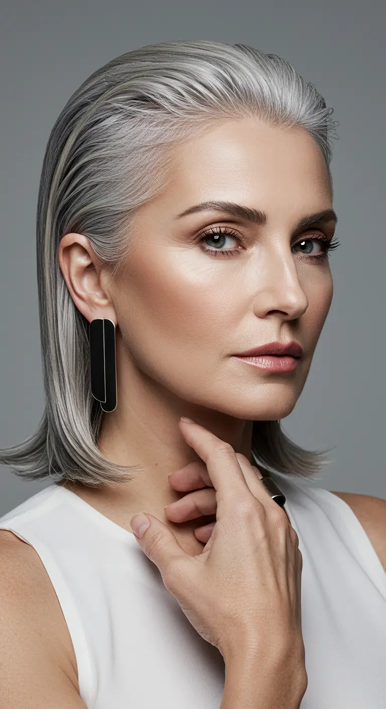 Modern wet look hairstyle with a deep side part on a confident woman over 50, featuring smooth glossy hair and a bold elegant finish