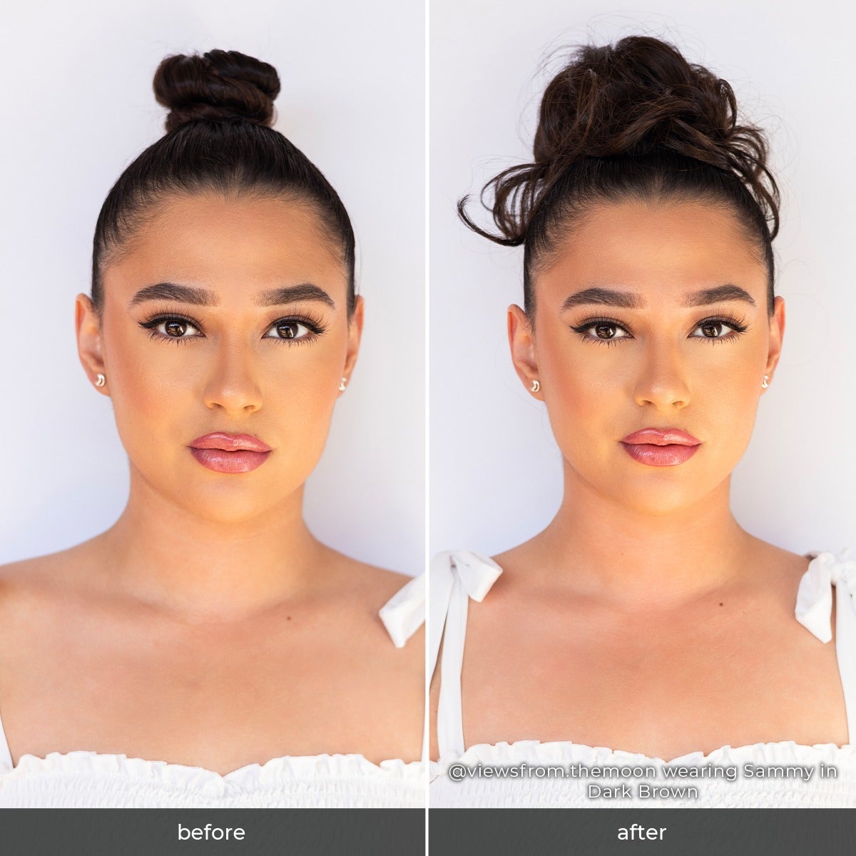 Side-by-side look comparison: left features a sleek top bun; right shows a more voluminous curly bun style